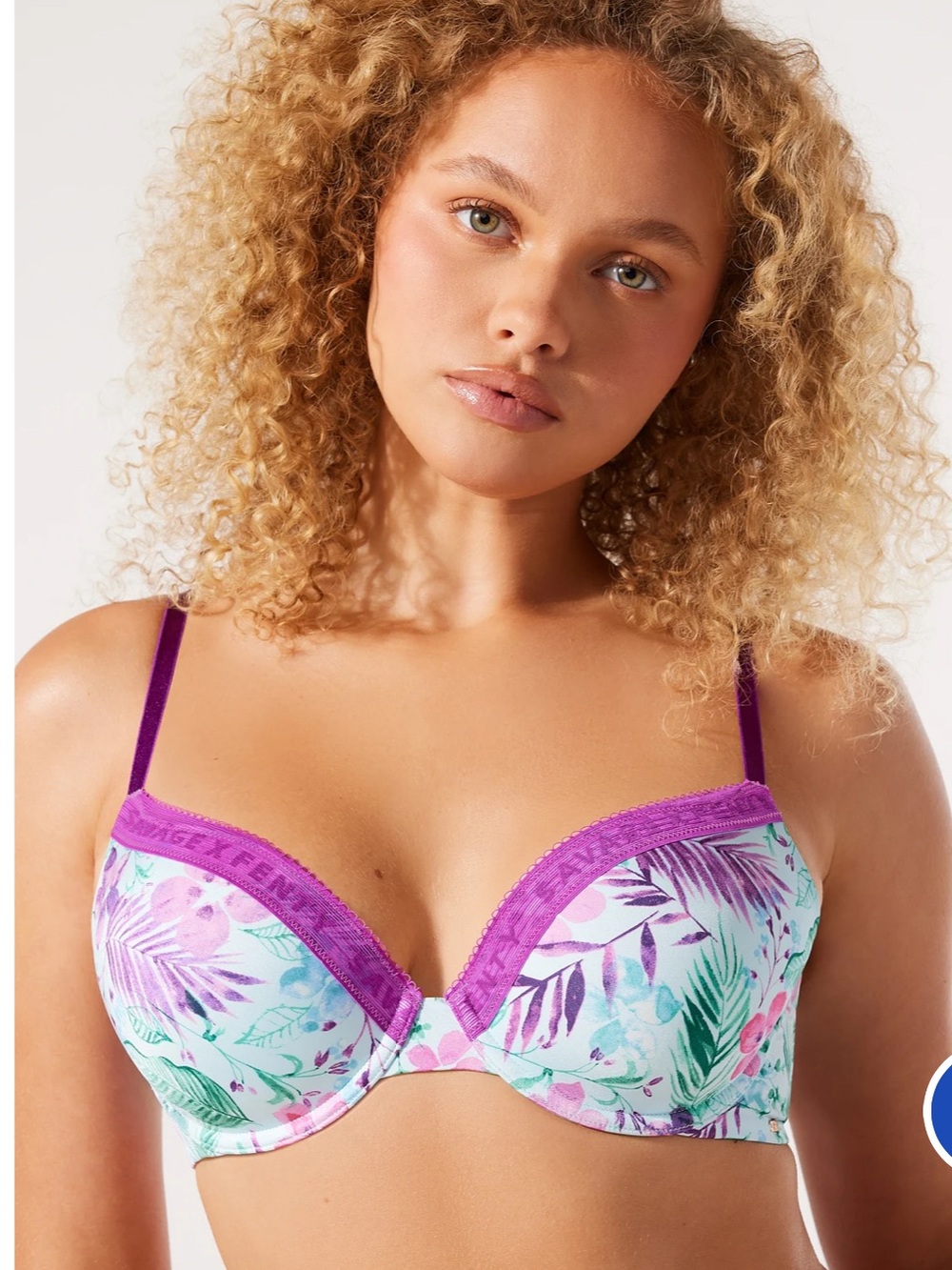 SAVAGE X FENTY Microfiber Logo-Trim T-Shirt Bra/ Candied Blue Hot Hibiscus Print